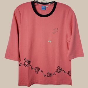 Fidelia 100%Cotton 3/4 Sleeve Top With Black Floral Print Tea Rose Pink Size 4